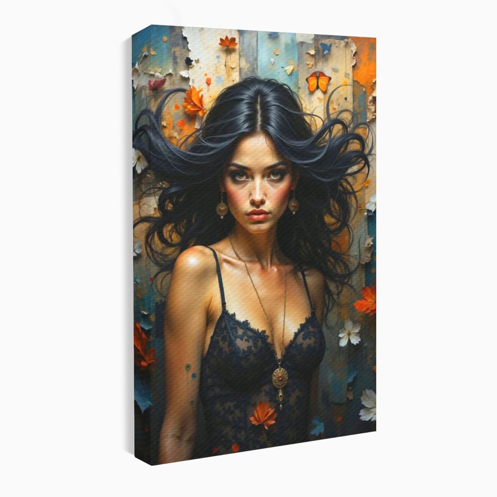 Tablou canvas cu tablou canvas cu portret de femeie par negru fluturi si frunze, fara rama, pe sasiu de lemn